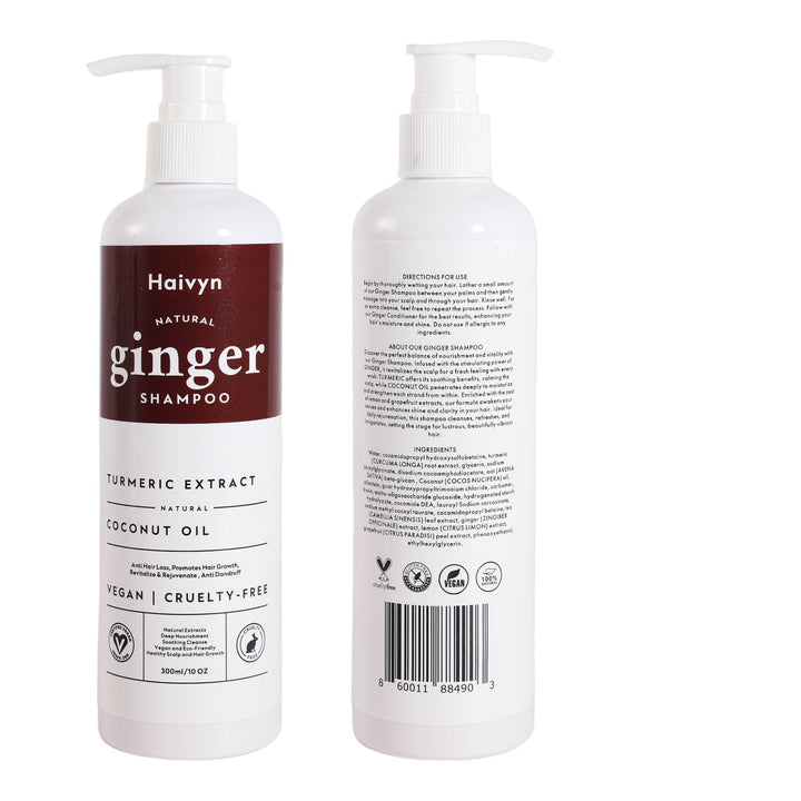 Haivyn Natural Ginger Shampoo - Revitalizing Scalp Nourishment with Turmeric, Coconut Oil, and Citrus Extracts, 300ml / 10 oz