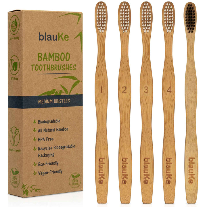 Bamboo Toothbrush Set 5-Pack - Bamboo Toothbrushes with Medium Bristles for Adults - Eco-Friendly, Biodegradable, Natural Wooden Toothbrushes-0