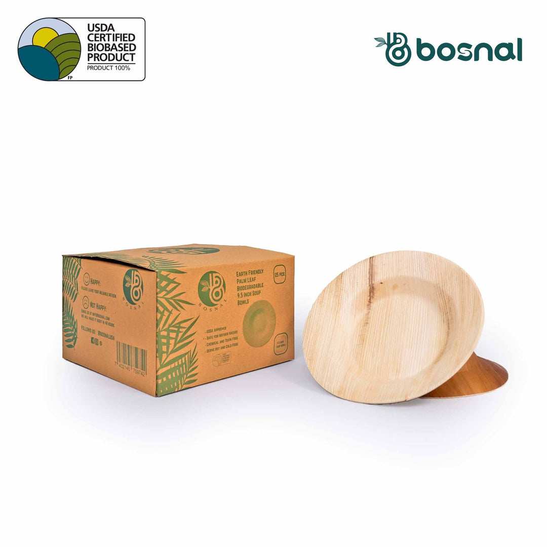 Bosnal - Palm Leaf Biodegradable Bowls, 9.5 inch Round Soup Bowl, 25 Pcs-0