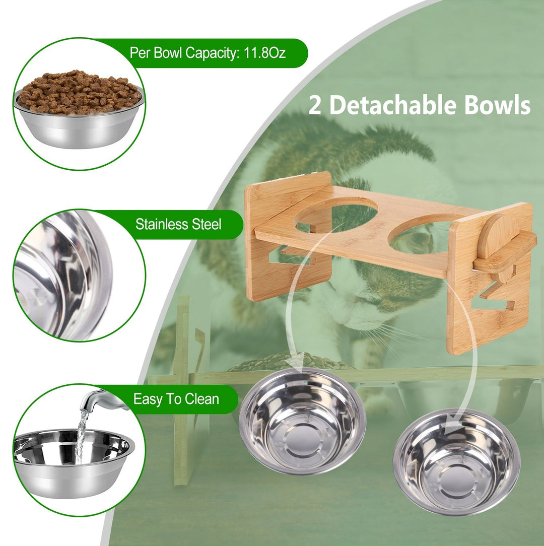 Bamboo Double Dog Raised Bowls 15 Degree Tilt Elevated Dog Bowls with