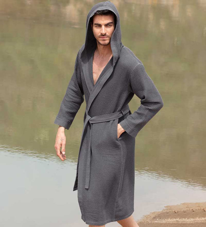 Men's Hooded Turkish Cotton Waffle Robe-4