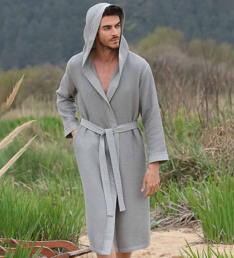 Men's Hooded Turkish Cotton Waffle Robe-12