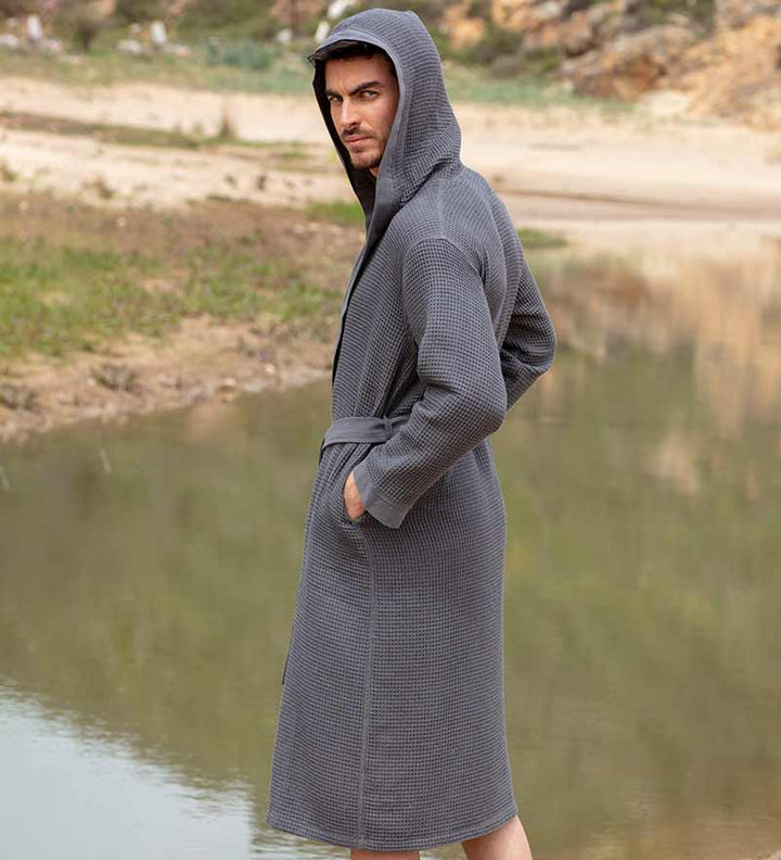 Men's Hooded Turkish Cotton Waffle Robe-7