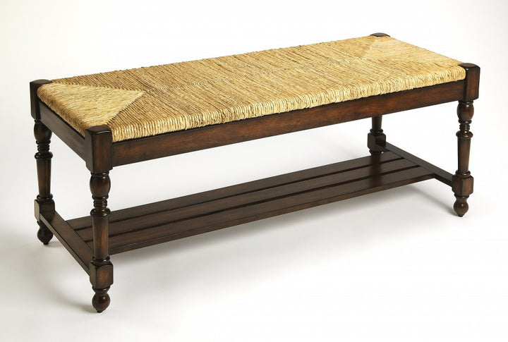 Updated Traditional Mahogany and Wicker Bench-3