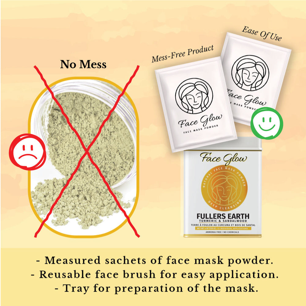 Face Glow- Fuller’s Earth w/ Turmeric & Sandalwood- 12 Individual Sachets of Multani Mitti (10 gm each)- Reusable Brush & Tray Included-3